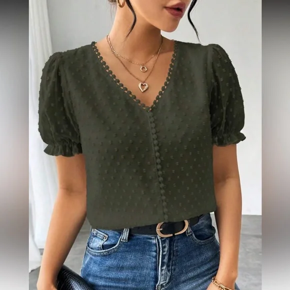 Elegant Burgundy Swiss Dot Puff Sleeve Top - Picture 11 of 16